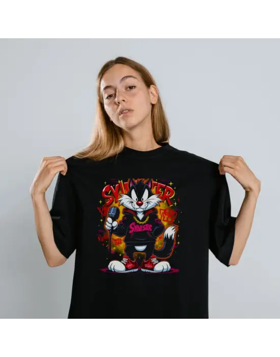 SBRD- Sylvester Graffiti Baskılı Unisex Siyah Oversize Tişört - 24/1 Penye