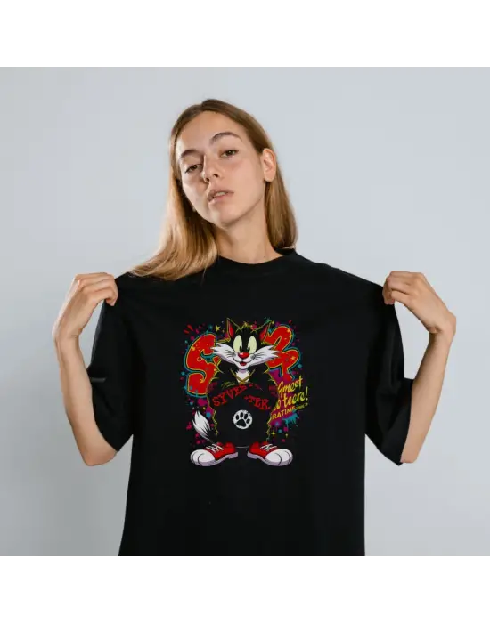 SBRD- Sylvester Graffiti Baskılı Unisex Siyah Oversize Tişört - 24/1 Penye