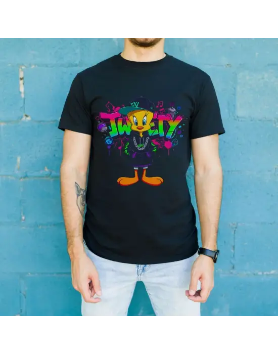 SBRD- Tweety Graffiti Baskılı Unisex Siyah Oversize Tişört - 24/1 Penye