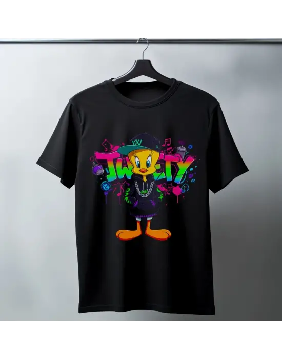 SBRD- Tweety Graffiti Baskılı Unisex Siyah Oversize Tişört - 24/1 Penye