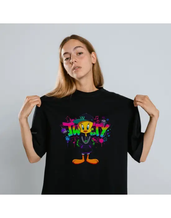 SBRD- Tweety Graffiti Baskılı Unisex Siyah Oversize Tişört - 24/1 Penye