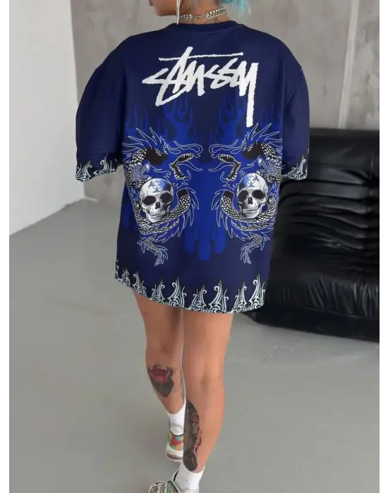 SBRD- Unisex Bisiklet Yaka Baskılı Oversize T-shirt - Lacivert