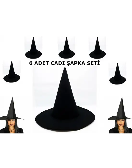 Siyah Cadı Şapkası Keçe Yetişkin Boy 6 Adet