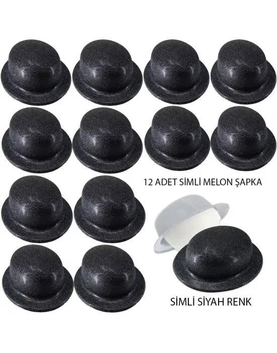 Siyah Renk Simli Melon Yuvarlak Parti Şapkası 12 Adet