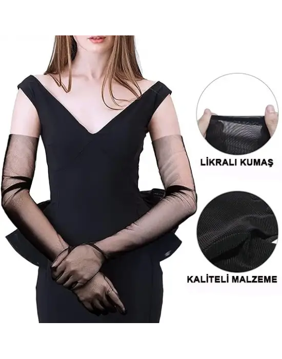 Uzun Boy Likralı Siyah Renk Yetişkin Mega Tül Eldiven 53 cm