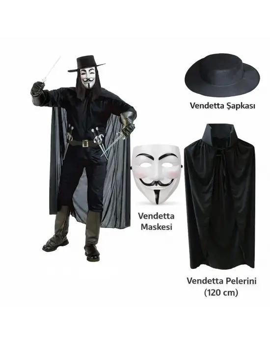 Vendetta Kostüm Seti – Şapka Maske Pelerin (120 cm)