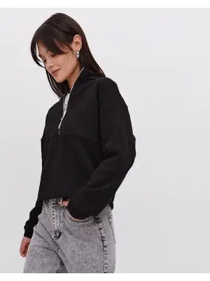 SBRD- Kadın 3 İplik Pamuklu Oversize Yarım Fermuarlı Yakalı Basic Sweatshirt - Siyah