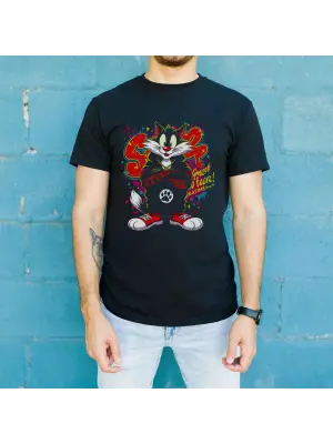 SBRD- Sylvester Graffiti Baskılı Unisex Siyah Oversize Tişört - 24/1 Penye
