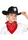 Çocuk Kovboy Şapka Rozetli Siyah &amp; Kırmızı Bandana Fular Seti
