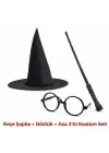Harry Potter Tarzı Çocuk Seti (Siyah Keçe Şapka, Asa, Gözlük)