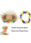 Hawaii Tarzı Tropikal Çiçekli Hasır Şapka ve Çiçekli Hawaii Kolye