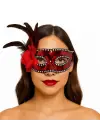 Kırmızı Renk Yandan Tüylü Güllü Gümüş Taşlı Pullu Maske 20x22 cm