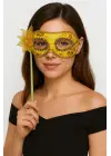 Lüks Taşlı Saplı Maskeli Balo Maskesi Altın Renk 35 cm