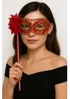 Lüks Taşlı Saplı Maskeli Balo Maskesi Kırmızı Renk 35 cm