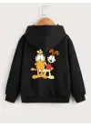 SBRD- Çocuk Unisex Kapüşonlu Ön Ve Arka Garfield Baskılı Sweatshirt - Siyah