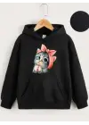 SBRD- Çocuk Unisex Kapüşonlu Tatlı Kedi Baskılı Sweatshirt - Siyah