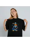 SBRD- Duck Dodgers Uzay Baskılı Unisex Siyah Oversize Tişört - 24/1 Penye