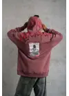 SBRD- Erkek 3 İplik Pamuklu Baskılı Kapüşonlu Cepli Sweatshirt Hoodie - Gül Kurusu