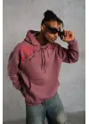 SBRD- Erkek 3 İplik Pamuklu Baskılı Kapüşonlu Cepli Sweatshirt Hoodie - Gül Kurusu