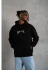 SBRD- Erkek 3 İplik Pamuklu Baskılı Kapüşonlu Cepli Sweatshirt Hoodie - Siyah