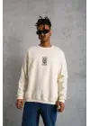 SBRD- Erkek 3 İplik Pamuklu Bisiklet Yaka Baskılı Oversize Sweatshirt - Beyaz