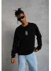 SBRD- Erkek 3 İplik Pamuklu Bisiklet Yaka Baskılı Oversize Sweatshirt - Siyah