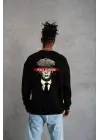 SBRD- Erkek 3 İplik Pamuklu Bisiklet Yaka Baskılı Oversize Sweatshirt - Siyah