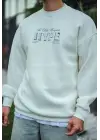 SBRD- Erkek 3 İplik Pamuklu Bisiklet Yaka Baskılı Sweatshirt - Beyaz