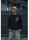 SBRD- Erkek 3 İplik Pamuklu Bisiklet Yaka Baskılı Sweatshirt - Siyah