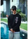 SBRD- Erkek 3 İplik Pamuklu Bisiklet Yaka Ön Ve Arka Baskılı Sweatshirt - Siyah