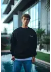 SBRD- Erkek 3 İplik Pamuklu Bisiklet Yaka Oversize Baskılı Sweatshirt - Siyah