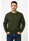 SBRD- Erkek 3 İplik Pamuklu Düz Bisiklet Yaka Sweatshirt - Haki