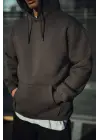 SBRD- Erkek 3 İplik Pamuklu Kapüşonlu Basic Sweatshirt Hoodie - Füme