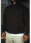 SBRD- Erkek 3 İplik Pamuklu Kapüşonlu Basic Sweatshirt Hoodie - Siyah