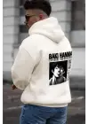 SBRD- Erkek 3 İplik Pamuklu Kapüşonlu Baskılı Cepli Oversize Sweatshirt Hoodie - Beyaz