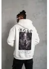 SBRD- Erkek 3 İplik Pamuklu Kapüşonlu Baskılı Cepli Oversize Sweatshirt Hoodie - Beyaz