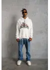 SBRD- Erkek 3 İplik Pamuklu Kapüşonlu Baskılı Cepli Oversize Sweatshirt Hoodie - Beyaz