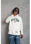 SBRD- Erkek 3 İplik Pamuklu Kapüşonlu Baskılı Cepli Oversize Sweatshirt Hoodie - Beyaz