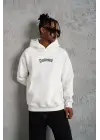 SBRD- Erkek 3 İplik Pamuklu Kapüşonlu Baskılı Cepli Oversize Sweatshirt Hoodie - Beyaz