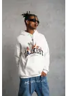 SBRD- Erkek 3 İplik Pamuklu Kapüşonlu Baskılı Cepli Oversize Sweatshirt Hoodie - Beyaz