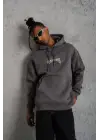 SBRD- Erkek 3 İplik Pamuklu Kapüşonlu Baskılı Cepli Oversize Sweatshirt Hoodie - Gri