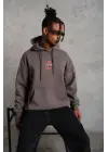SBRD- Erkek 3 İplik Pamuklu Kapüşonlu Baskılı Cepli Oversize Sweatshirt Hoodie - Gri
