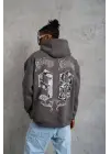 SBRD- Erkek 3 İplik Pamuklu Kapüşonlu Baskılı Cepli Oversize Sweatshirt Hoodie - Gri