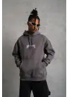 SBRD- Erkek 3 İplik Pamuklu Kapüşonlu Baskılı Cepli Oversize Sweatshirt Hoodie - Gri