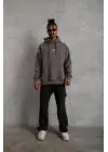 SBRD- Erkek 3 İplik Pamuklu Kapüşonlu Baskılı Cepli Oversize Sweatshirt Hoodie - Gri