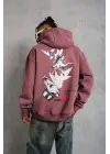 SBRD- Erkek 3 İplik Pamuklu Kapüşonlu Baskılı Cepli Oversize Sweatshirt Hoodie - Gül Kurusu