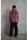 SBRD- Erkek 3 İplik Pamuklu Kapüşonlu Baskılı Cepli Oversize Sweatshirt Hoodie - Gül Kurusu