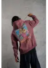 SBRD- Erkek 3 İplik Pamuklu Kapüşonlu Baskılı Cepli Oversize Sweatshirt Hoodie - Gül Kurusu