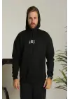SBRD- Erkek 3 İplik Pamuklu Kapüşonlu Baskılı Cepli Oversize Sweatshirt Hoodie - Siyah