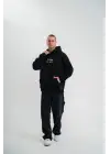 SBRD- Erkek 3 İplik Pamuklu Kapüşonlu Baskılı Cepli Oversize Sweatshirt Hoodie - Siyah